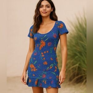 Free People Kenny Stretch Mini Dress in Majolica Blue Floral